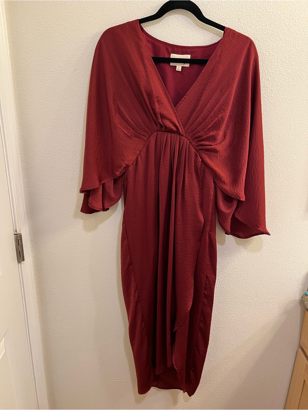 IF BY SEA Anthropologie Midi Burgundy Draped Asymmetrical Dress